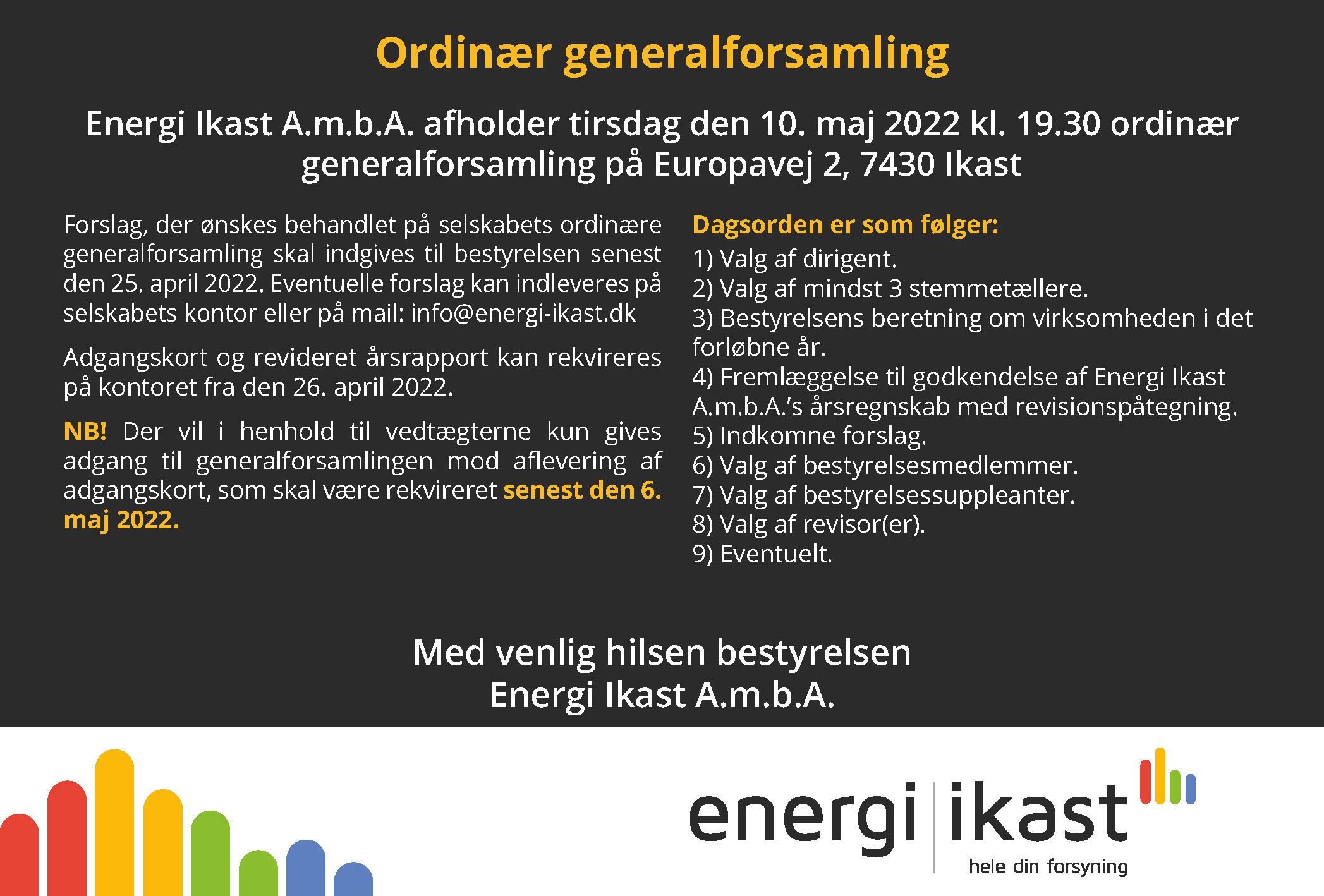 Halv-sides Annonce med info om generalforsamling i Energi Ikast A.m.b.A. 2022