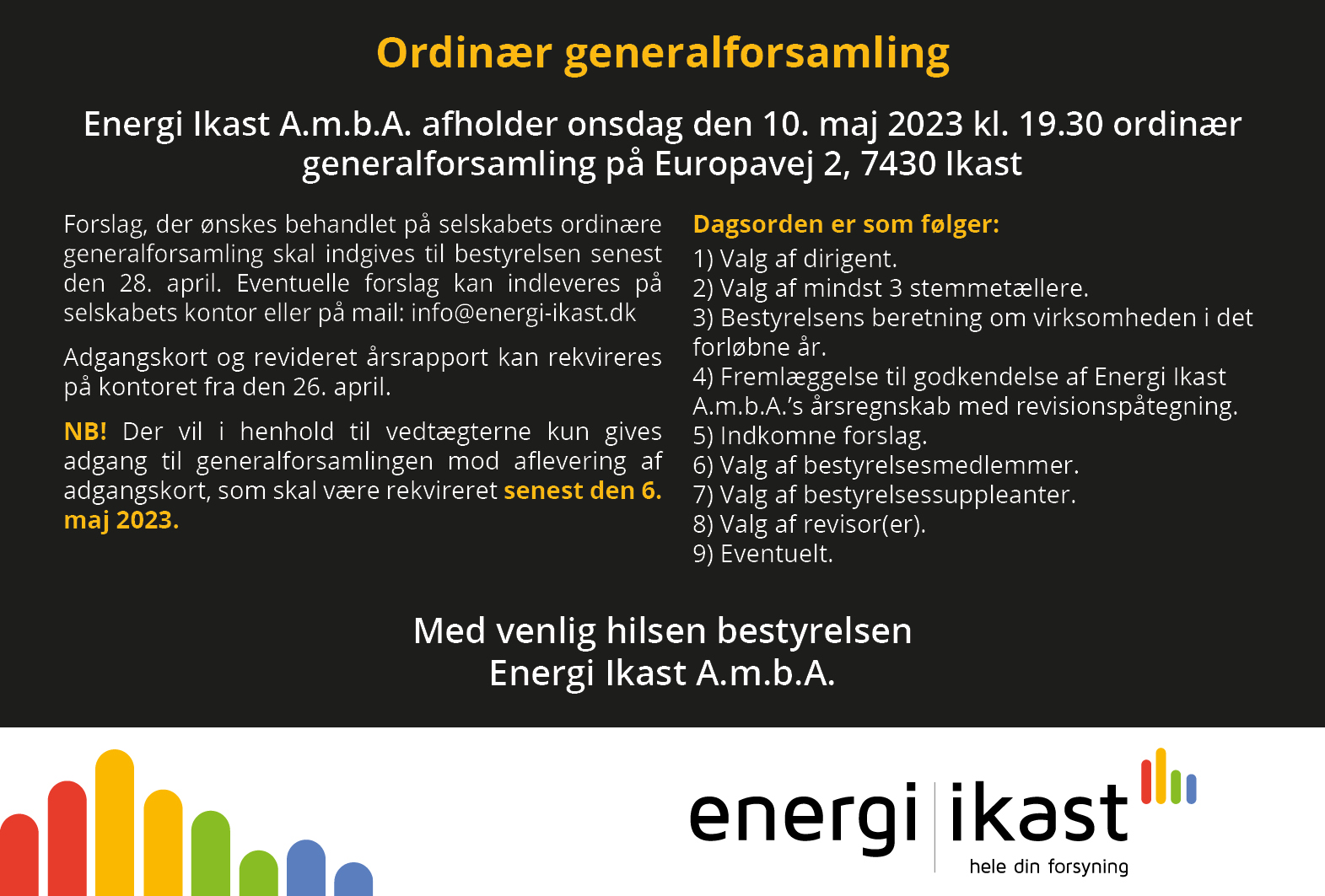 Halv-sides Annonce med dagsorden og indkaldelse til generalforsamling i Energi IkastA.m.b.A. 2023